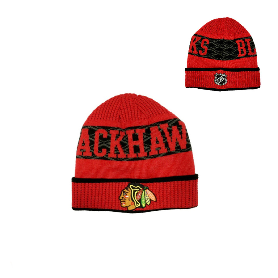 NHL PUCK PATTERN CUFFED KNIT CHICAGO BLACKHAWKS DETSKÁ ZIMNÁ ČIAPKA